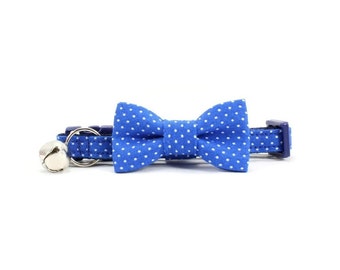 Blue Cat Bow Tie Collar - White Mini Dot Bowtie - with Breakaway Buckle and Bell