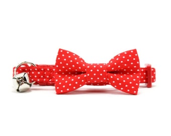 Red Cat Bow Tie Collar - White Pin Dot Cat Bowtie - with Breakaway Buckle and Bell