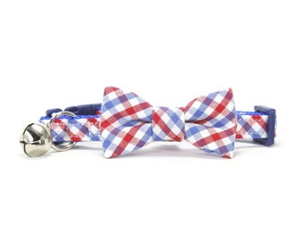 Cuello de pajarita de gato a cuadros vichy – Americana roja, blanca y azul, cuello desmontable