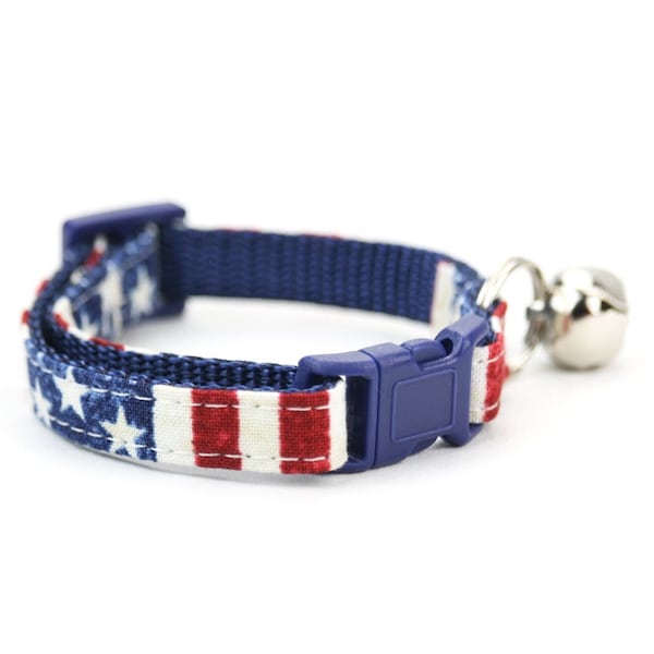 Patriotic Cat Collar - Stars and Stripes - Breakaway Collar with Bell for cats - 4th of July