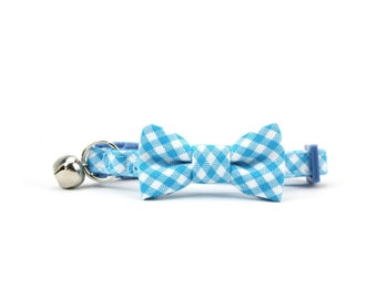 Blue Gingham Cat Collar Bowtie – Checkered Breakaway Collar with Bell
