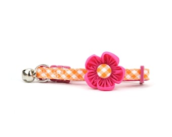 Orange Gingham Cat Collar with Pink Flower – Breakaway Buckle