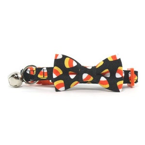 Candy Corn Cat Bow Tie Collar - Halloween - Black Orange - with Breakaway Safety Buckle and Bell