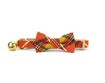 Fall Plaid Cat Bow Tie Collar - Brown Tartan - with Gold Bell and Breakaway Buckle