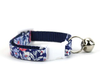 Floral Cat Collar - Navy Blue - With Breakaway Buckle and Bell
