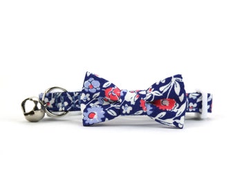 Cat Bow Tie Collar - Navy Blue Floral - with Breakaway Buckle and Bell