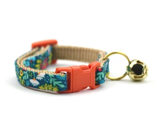 Teal Floral Cat Collar - Green and Orange - with Breakaway Buckle and Bell