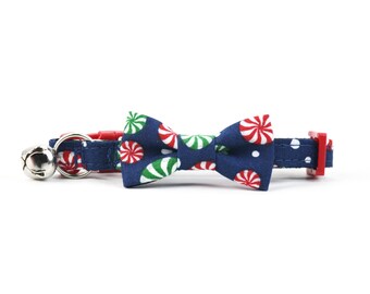 Swirl Candy Cat Bow Tie Collar - Holiday Winter Christmas - Blue Red White Green