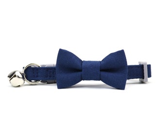 Navy Cat Bow Tie Collar - Blue Wedding Bowtie - Formal - with Breakaway Buckle and Bell