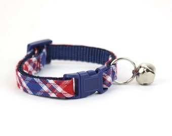 Patriotic Cat Collar - Red White and Blue - Plaid - with Breakaway Buckle and Bell