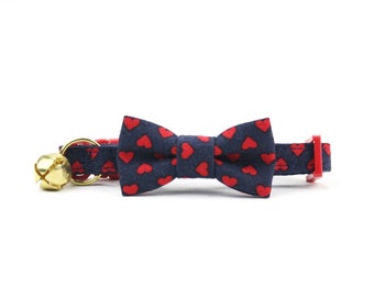 Mini Hearts Cat Bow Tie Collar Red on Navy Valentine's Day Cat Bowtie Collar with Breakaway Buckle and Bell