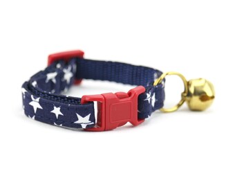 Stars Cat Collar - Patriotic Red White and Blue - with Breakaway Buckle and Bell