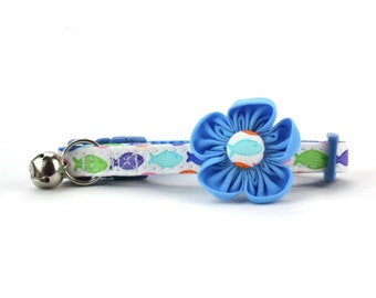 Fish Cat Collar and Blue Flower - with Breakaway Buckle and Bell