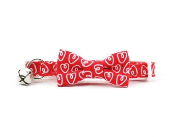 Valentine's Day Cat Bow Tie Collar - Red Hearts - Cat Bowtie - with Breakaway Buckle and Bell