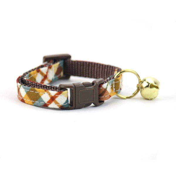 Autumn Cat Collar - Brown Plaid - Fall - Gold Bell and Breakaway Safety Buckle