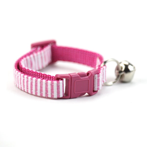 Pink Cat Collar - Seersucker Striped - Spring - Summer - with Breakaway Buckle and Bell