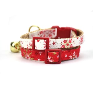 Red Snowflake Cat Collar - Christmas - Winter Gold and White - with Breakaway Buckle with Bell