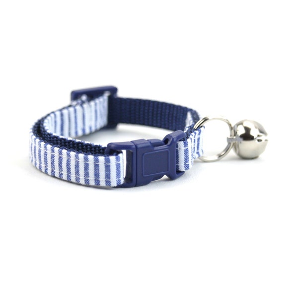 Blue and White Seersucker Striped Cat Collar with Breakaway Buckle and Bell