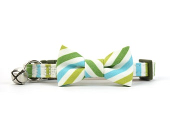 Striped Cat Bow Tie Collar – Green & Blue, Breakaway Buckle
