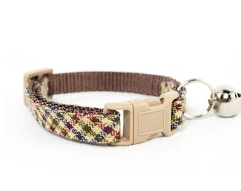 Classic Tweed Plaid Cat Collar - Brown Beige Gingham Check - with Breakaway Safety Buckle and Bell