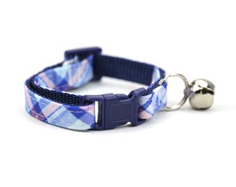 Collar para gato a cuadros azules - Collar para gatitos con cascabel y hebilla de seguridad desmontable