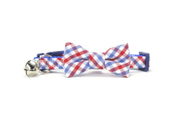 Gingham Cat Bow Tie Collar – Red White Blue Americana, Breakaway Collar