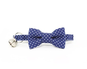 Navy and White Pin Dot Cat Bow Tie Collar - with Breakaway Buckle and Bell