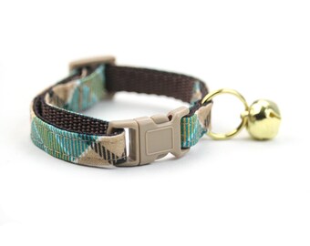 Collar de otoño para gato - Beige y turquesa - con cascabel dorado y hebilla de seguridad con cierre de seguridad