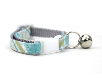 Plaid Cat Collar - Modern - Seafoam Blue - with Breakaway Buckle and Bell