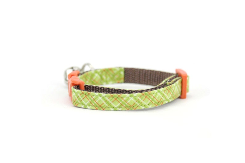 Puede incluir: Un collar para perro de tela a cuadros verde y naranja con una correa marr&oacute;n y hebillas de pl&aacute;stico naranja.