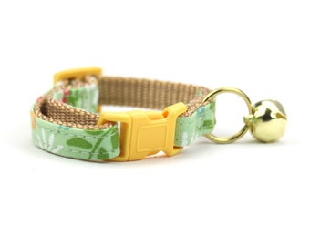 Green Floral Cat Collar - with Breakaway Buckle and Bell