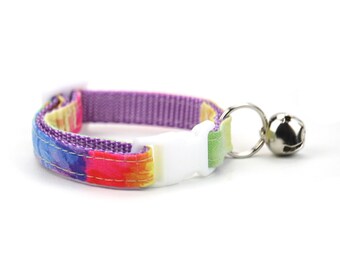 Rainbow Tie-Dye Print Cat Collar with Breakaway Buckle and Bell