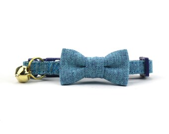 Teal Chambray Cat Bow Tie Collar - Breakaway Buckle, Removable Bell