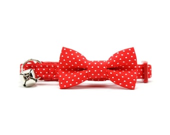 Red Polka Dot Cat Bow Tie Collar with Breakaway Buckle and Bell