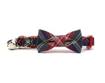 Collar con pajarita de gato de tartán negro - Pajarita de gato a cuadros navideños - Ideal para las fiestas de invierno - con hebilla de seguridad y cascabel
