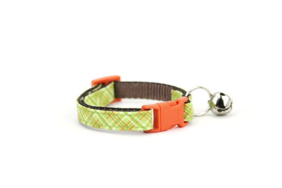 Apple Green Plaid Cat Collar with Orange Breakaway Buckle and Bell