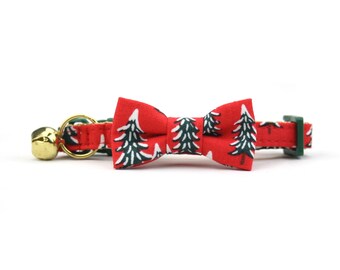 Red Fir Trees Cat Bow Tie Collar - Christmas Winter Holiday - with Breakaway Buckle and Bell
