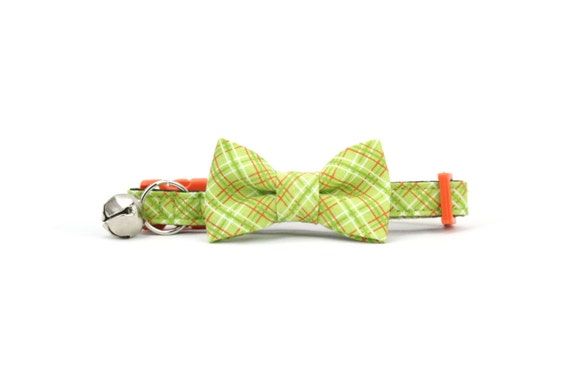 Green Plaid Cat Bow Tie Collar with Orange Breakaway Buckle and Bell