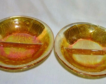 Para zabytkowych tacek na przekąskę z karnawałowego szkła, nagietkowo-opalizującego, dzielonych, 7,75 cala