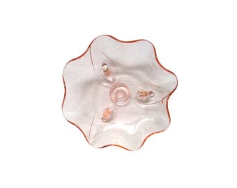 Bol de vidrio rosa moldeado artesanal con borde dorado, borde festoneado, 3 patas, 25,4 cm (10 pulgadas)