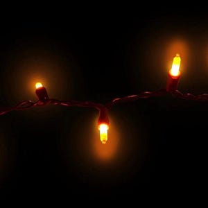 May include: A string of decorative lights featuring small, glowing orange bulbs attached to a dark wire. The lights are arranged in a horizontal line against a black background, emitting a warm, soft radiance from each individual bulb.