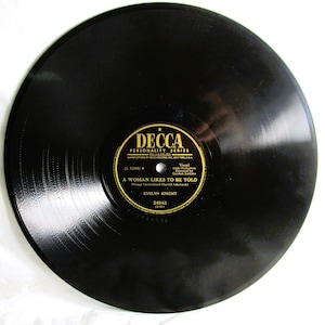 May include: A black circular vinyl record with a central Decca Personality Series label. The label features gold text including the title A Woman Likes To Be Told, the artist Evelyn Knight, and the catalog number 24943, with a central spindle hole.
