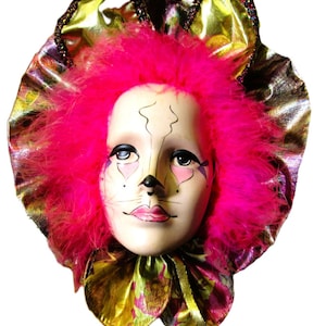 Venetian Porcelain Carnival Mask Painted Cat Face Pink Feathers Gold Foil
