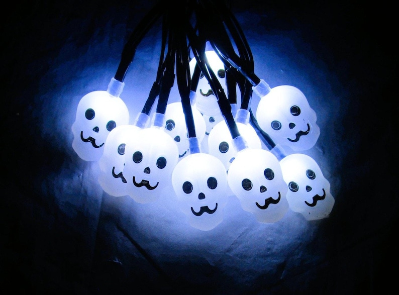 LED Skull String Lights 4.3 ft 12 Bulbs Battery Operated Goth Halloween Decor image 1