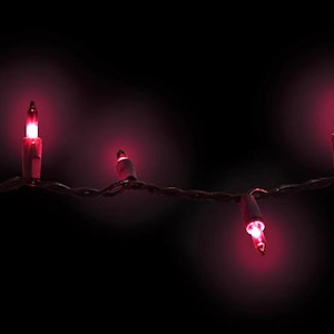 May include: A string of small, glowing red incandescent lights connected by a dark wire. The individual bulbs emit a vibrant crimson light against a dark background, creating a series of illuminated points along the horizontal wire strand.