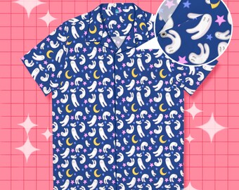 Kawaii Fresno Night Crawler Cryptid Blue Short Sleeve Button Up Shirt