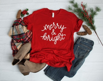 Christmas T-shirt for Women, Merry and Bright Shirt, Christmas Tee, Holiday Shirt, Women's Christmas, Holiday Shirt