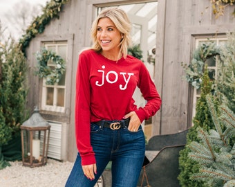 Camisa de manga larga navideña, camiseta Joy, camisetas navideñas a juego, camisetas navideñas familiares, camiseta navideña para mujer