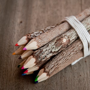 Könnte beinhalten: Ein Bündel rustikaler Bleistifte mit natürlichen, holzähnlichen Schäften und farbigen Spitzen. Die Bleistifte sind mit einem weißen Faden zusammengebunden und bilden ein einzigartiges und künstlerisches Schreibwarenprodukt.