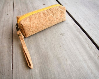 Pencil case made from cork with yellow zipper, pen bag, handmade and vegan